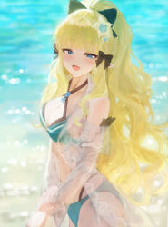 Rule 34 | 1girl, :d, beach, bikini, black bow, blonde hair, blue bikini, blue eyes, blurry, blurry background, bow, breasts, hair bow, hair ornament, halterneck, hand on own arm, long hair, looking at viewer, medium breasts, open mouth, pointy ears, princess connect!, saren (princess connect!), saren (summer) (princess connect!), see-through, sidelocks, smile, solo, sonchi, standing, swimsuit, very long hair, water