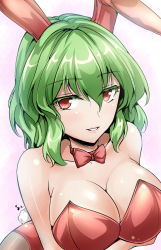 Rule 34 | 1girl, animal ears, breasts, rabbit ears, rabbit tail, cleavage, female focus, green hair, highleg, highleg leotard, highres, kazami yuuka, large breasts, leotard, lips, pantyhose, parted lips, playboy bunny, red eyes, red leotard, smile, solo, strapless, strapless leotard, tail, touhou, y2