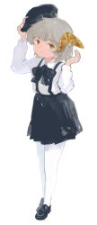 Rule 34 | 1girl, asasow, beret, black bow, black bowtie, black footwear, black hat, black skirt, bow, bowtie, brown eyes, brown hair, bug, closed mouth, collared shirt, commentary request, full body, hands up, hat, hatoba tsugu, highres, holding, holding clothes, holding hat, insect, insect on head, loafers, looking at viewer, medium hair, mole, mole under eye, moth, pantyhose, pleated skirt, removing headwear, shirt, shirt tucked in, shoes, simple background, skirt, smile, solo, standing, suspender skirt, suspenders, tsugu (vtuber), virtual youtuber, white background, white pantyhose, white shirt