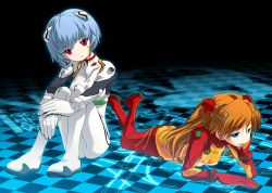 Rule 34 | 00s, 2girls, :d, ass, ayanami rei, blue eyes, blue hair, bodysuit, bracer, breasts, butt crack, checkered floor, cleavage, clothes writing, crossed legs, english text, full body, gloves, glowing, hair ornament, hairpods, half-closed eyes, head rest, head tilt, hugging own legs, interface headset, knees up, kurosu tsugutoshi, legs up, long hair, lying, multicolored clothes, multiple girls, neon genesis evangelion, nerv, on stomach, open mouth, orange hair, outline, own hands together, parted lips, pilot suit, plugsuit, rebuild of evangelion, red eyes, see-through, see-through cleavage, short hair, sitting, small breasts, smile, smug, souryuu asuka langley, test plugsuit, turtleneck, two side up