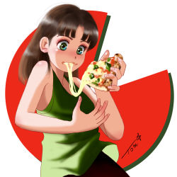 Rule 34 | 1girl, blush, brown hair, cheese, cheese trail, chutohampa, eating, food, food on face, green eyes, green tank top, highres, holding, holding food, holding pizza, long hair, original, pizza, pizza slice, signature, solo, tank top, upper body