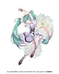 Rule 34 | 1girl, aqua eyes, aqua hair, arms up, artist name, blush, chinese commentary, company name, crypton future media, dress, flower, frilled dress, frills, full body, gradient hair, hair between eyes, hair flower, hair ornament, hatsune miku, highres, holding, holding flower, long hair, multicolored hair, official art, parted lips, piapro, pink flower, pink hair, simple background, solo, sylvia (huajiuhuajiu), twintails, vocaloid, watermark, web address, white background, white flower