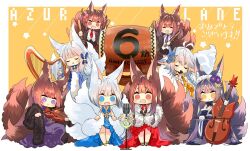 Rule 34 | 6+girls, :d, akagi-chan (azur lane), akagi (azur lane), akagi (ruby-laced beauty) (azur lane), alternate costume, amagi-chan (azur lane), amagi (azur lane), amagi (red kite respite) (azur lane), animal ear fluff, animal ears, azur lane, birthday, blue eyes, blunt bangs, brown hair, cello, chibi, commentary request, detached sleeves, droopy ears, drum, english text, fox ears, fox girl, fox mask, fox tail, grey hair, hair between eyes, hair ornament, hairclip, harp, holding, holding instrument, instrument, japanese clothes, kaga (azur lane), kaga (exalted white wings) (azur lane), kitsune, kyuubi, long hair, long sleeves, looking at viewer, maid, mask, mask on head, microphone, microphone stand, multiple girls, multiple tails, musashi (azur lane), musashi (violet moonglow) (azur lane), music, official alternate costume, open mouth, playing instrument, purple eyes, putimaxi, red eyes, shinano (azur lane), shinano (dreams of the hazy moon) (azur lane), short hair, sidelocks, simple background, singing, smile, taiko drum, tail, thick eyebrows, tosa (azur lane), violin, wa maid, white hair, wide sleeves