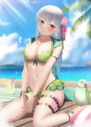 Rule 34 | 1girl, arm strap, ball, beachball, bikini, bird, blurry, blurry background, blush, bracelet, braid, braided ponytail, branch, breasts, cleavage, closed mouth, cloud, collarbone, cup, earrings, fate/grand order, fate (series), flower, food, frilled bikini, frills, fruit, hair flower, hair ornament, highres, jewelry, kama (fate), kama (swimsuit avenger) (fate), kama (swimsuit avenger) (second ascension) (fate), large breasts, lemon, lemon slice, long hair, looking at viewer, midriff, mishiro (ixtlolton), nail polish, navel, necklace, needle, own hands together, ponytail, sitting, sky, sleeveless, smile, solo, swimsuit, thigh strap, thighs, wariza