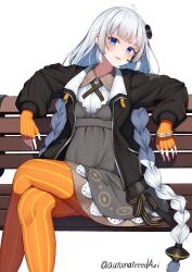 Rule 34 | 1girl, :d, absurdres, arm rest, bench, black jacket, blue eyes, blush, breasts, crossed legs, dress, fingerless gloves, gloves, hair ornament, hands up, head tilt, headset, highres, jacket, kizuna akari, leaning back, long hair, looking at viewer, m-&gt;g, medium breasts, on bench, open clothes, open jacket, open mouth, orange gloves, pantyhose, park bench, parted lips, smile, solo, striped clothes, striped gloves, striped pantyhose, twintails, unzipped, vertical-striped clothes, vertical-striped gloves, vertical-striped pantyhose, very long hair, vocaloid, white hair