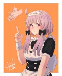 Rule 34 | 1girl, absurdres, ahoge, alternate costume, black bow, blush, border, bow, breasts, cleavage, commentary request, corset, cowboy shot, disembodied hand, enmaided, framed breasts, hair bow, hand up, highres, index finger raised, long hair, looking at viewer, maid, maid day, maid headdress, medium breasts, multiple hair bows, open mouth, orange background, outside border, puffy short sleeves, puffy sleeves, purple eyes, purple hair, shade of trees, short hair with long locks, short sleeves, sidelocks, signature, simple background, solo, underbust, vocaloid, voiceroid, washing hands, white border, wrist cuffs, yuzuki yukari