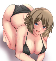 Rule 34 | 1girl, all fours, ass, back, barefoot, bikini, black bikini, blue eyes, blush, breasts, brown hair, cleavage, collarbone, commentary, creatures (company), eyelashes, game freak, highres, kneeling, large breasts, looking at viewer, messy hair, nintendo, open mouth, parted bangs, pokemon, pokemon (anime), pokemon xy (anime), serena (pokemon), shadow, simple background, smile, sweat, swimsuit, takecha, top-down bottom-up, wet