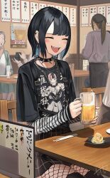 Rule 34 | 2boys, 3girls, :d, absurdres, alcohol, beer, beer glass, black pants, black shirt, black skirt, black thighhighs, blush, chain necklace, chair, checkered clothes, checkered skirt, chopsticks, closed eyes, collar, commentary request, cup, douryou (buta5813), drinking glass, earpiece, earrings, eyebrows hidden by hair, fishnet pantyhose, fishnets, food, goth fashion, gothic, grey skirt, hand to own mouth, happy, head tilt, highres, holding, holding cup, indoors, jewelry, layered sleeves, leather strap, long sleeves, loose clothes, loose shirt, medium hair, menu, miniskirt, multiple boys, multiple girls, necklace, on chair, open mouth, original, pants, pantyhose, plate, print shirt, marriage proposal, ring box, shirt, short over long sleeves, short sleeves, sidelocks, sitting, skirt, sleeves past wrists, smile, solo, spiked collar, spikes, strap, striped sleeves, table, teeth, tetto (onnoveltet), thighhighs, upper teeth only, white shirt