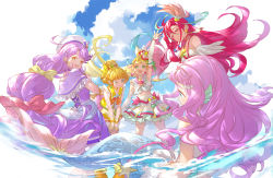Rule 34 | 5girls, :d, ;), arm up, beret, blonde hair, blue eyes, blue sky, cloud, colored eyelashes, commentary request, cure coral, cure flamingo, cure papaya, cure summer, day, hat, hoshi (xingspresent), ichinose minori, laura (precure), long hair, looking at viewer, magical girl, mermaid, midriff, mismatched eyelashes, monster girl, multicolored hair, multiple girls, natsuumi manatsu, one eye closed, open mouth, partially submerged, pink hair, precure, purple hair, red eyes, red hair, skirt, sky, smile, suzumura sango, takizawa asuka, tropical-rouge! precure, water, white headwear, white skirt, yellow eyes