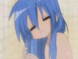 Rule 34 | 1girl, :3, animated, audible music, audible speech, blue hair, cat smile, closed eyes, english text, eyes visible through hair, green eyes, izumi konata, lowres, lucky star, meme, mole, music, nude, remix, shampoo, showering, singing, solo, sound, standing, subtitled, tile wall, tiles, upper body, video, washing hair, wet, wet hair