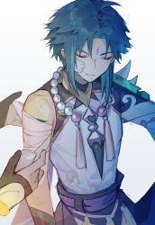Rule 34 | 1boy, 1girl, absurdres, arm tattoo, bandaged arm, bandages, bandaid, bead necklace, beads, black gloves, blue hair, closed mouth, closed eyes, facial mark, forehead mark, genshin impact, gloves, green hair, grey background, highres, jewelry, kotatsu kaya, lumine (genshin impact), male focus, multicolored hair, necklace, partially fingerless gloves, simple background, solo focus, tattoo, xiao (genshin impact)