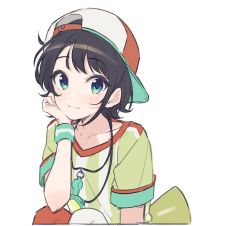 Rule 34 | 1girl, backwards hat, baggy clothes, baseball cap, black hair, blue eyes, blush, closed mouth, commentary, hand on own cheek, hand on own face, hat, hololive, looking at viewer, megaphone, oozora subaru, oozora subaru (1st costume), shirt, short hair, short sleeves, simple background, sitting, smile, solo, stopwatch, striped clothes, striped shirt, symbol-only commentary, teshima nari, upper body, vertical-striped clothes, vertical-striped shirt, virtual youtuber, watch, white background