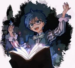 Rule 34 | &gt;:d, 10s, 1boy, :d, arm garter, arm up, blue eyes, blue hair, blue vest, book, bow, bowtie, collared shirt, fate/extra, fate/extra ccc, fate/grand order, fate (series), frilled sleeves, frills, glasses, green bow, green bowtie, hans christian andersen (fate), laughing, long sleeves, male focus, me (mikannu), open mouth, pen, shirt, smile, solo, striped clothes, striped shirt, v-shaped eyebrows, vest