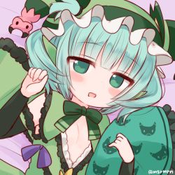Rule 34 | 1girl, astaroth (p&amp;d), bad id, bad pixiv id, bed sheet, blunt bangs, blush, bow, bowtie, breasts, dress, fingernails, frilled dress, frilled hat, frills, green bow, green bowtie, green dress, green eyes, green hair, green hat, hands up, hat, long sleeves, looking at viewer, lying, mashiro miru, on back, parted lips, purple ribbon, puzzle &amp; dragons, ribbon, short hair, sidelocks, small breasts, solo, twintails, twitter username, wavy mouth