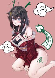 Rule 34 | 1girl, absurdres, bare shoulders, blue eyes, braid, breasts, chinese zodiac, cleavage cutout, clothing cutout, commentary, dragon tail, hair flaps, hair ornament, hairpin, highres, japanese clothes, kantai collection, kimono, kokutou (goto123kokutoh), large breasts, long hair, open mouth, red kimono, shigure (kancolle), shigure kai ni (kancolle), simple background, smile, solo, tail, whorled clouds, year of the dragon