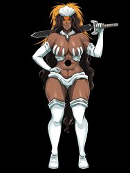 Rule 34 | 1girl, bleach, breasts, dark-skinned female, dark skin, franceska mila rose, large breasts, long hair, solo, sword, weapon