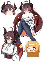 Rule 34 | &gt; &lt;, &gt; o, 2girls, absurdres, ahoge, anne (shingeki no bahamut), ass, black legwear, blonde hair, blush, blush stickers, breasts, brown eyes, brown hair, brown wings, center frills, chibi, closed eyes, closed mouth, commentary request, covered mouth, cropped torso, dragon girl, dragon horns, dragon tail, dragon wings, frills, grea (shingeki no bahamut), green eyes, hair between eyes, heart, highres, horns, long sleeves, looking at viewer, manaria friends, medium breasts, moyoron, multiple girls, no pants, no shoes, hugging object, off shoulder, one eye closed, panties, pillow, pillow hug, pointy ears, shingeki no bahamut, shirt, simple background, sitting, sleeves past wrists, star (symbol), tail, thighhighs, thumbs up, underwear, upper body, wavy mouth, white background, white panties, white shirt, wings