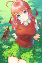Rule 34 | 1girl, arms behind back, bag, blue eyes, breasts, closed mouth, collared shirt, day, from above, go-toubun no hanayome, grass, green skirt, hair ornament, head tilt, highres, hirokiku, long hair, looking at viewer, medium breasts, miniskirt, nakano itsuki, outdoors, paper bag, pink hair, pleated skirt, red sweater, school uniform, shirt, short sleeves, sitting, skirt, smile, solo, star (symbol), star hair ornament, sweater, sweater vest, very long hair, white shirt, wing collar