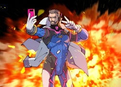 Rule 34 | 1boy, bara, beard, bodysuit, brown hair, cellphone, coat, collared coat, cosplay, creatures (company), d.va (overwatch), explosion, facial hair, fire, game freak, headphones, highres, male focus, manly, mature male, muscular, muscular male, nintendo, one eye closed, overwatch, overwatch 1, phone, pokemon, pokemon sv, rybiok, selfie, solo, tight clothes, turo (pokemon), undercut, v