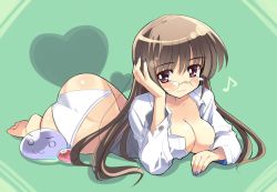 Rule 34 | 1girl, ass, barefoot, blush, breasts, brown hair, cleavage, dress shirt, feet, glasses, large breasts, long hair, lying, no bra, on stomach, open clothes, open shirt, panties, red eyes, shirt, sikorsky, soles, solo, underwear, white panties