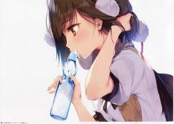 Rule 34 | 1girl, black hair, black wings, blouse, bottle, drinking, from side, hand in own hair, highres, ke-ta, pom pom (clothes), profile, puffy sleeves, ramune, red eyes, scan, scan artifacts, shameimaru aya, shirt, short hair, short sleeves, simple background, solo, string, sweat, text focus, touhou, upper body, water, water bottle, white background, white shirt, wings