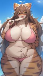 Rule 34 | 1girl, :3, absurdres, animal nose, antenna hair, bikini, blue sky, breasts, brown hair, cloud, commission, cowboy shot, fangs, food, furry, furry female, green eyes, hair between eyes, hand on own stomach, highres, holding, huge breasts, looking at viewer, melting, ocean, open mouth, original, pink bikini, plump, popsicle, skeb commission, sky, solo, standing, suurin (ksyaro), swimsuit, thick thighs, thighs, tiger girl, wide hips