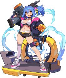 Rule 34 | 1girl, :3, amelia (world flipper), arm up, artist request, bikini, bikini under clothes, black choker, black shorts, blue hair, blue jacket, blush, breasts, choker, explosive, female focus, full body, gluteal fold, grenade, gun, hair between eyes, hair intakes, hair ornament, hair ribbon, hand on own hip, headset, highres, holding, holding gun, holding weapon, jacket, jetpack, large breasts, legs apart, light blush, light machine gun, long hair, long sleeves, micro shorts, multicolored footwear, navel, non-web source, off-shoulder jacket, off shoulder, official art, open clothes, open fly, open jacket, over shoulder, ponytail, puffy long sleeves, puffy sleeves, ribbon, sandals, short shorts, shorts, sidelocks, single thighhigh, skindentation, solo, sticker, stomach, swimsuit, thigh strap, thighhighs, transparent background, two-sided fabric, two-sided jacket, water, weapon, weapon over shoulder, white thighhighs, world flipper, yellow ribbon