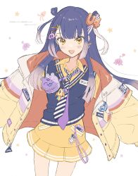 Rule 34 | 1girl, blue hair, blush, cellphone, cellphone charm, charm (object), gradient hair, hair ornament, hair rings, hairclip, highres, jacket, light purple hair, long hair, long sleeves, looking at viewer, multicolored clothes, multicolored hair, multicolored jacket, necktie, nijisanji, nrnroooo, open clothes, open jacket, open mouth, phone, purple necktie, shirt, simple background, skirt, solo, star (symbol), striped, striped necktie, sweater vest, umise yotsuha, virtual youtuber, white background, white hair, yellow shirt, yellow skirt