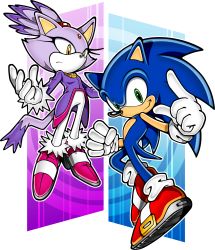 Rule 34 | 1boy, 1girl, blaze the cat, full body, furry, furry female, furry male, gradient background, green eyes, highres, official art, sonic (series), sonic rush, sonic the hedgehog, yellow eyes