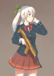 Rule 34 | 1girl, adaptive combat rifle, assault rifle, bad id, bad pixiv id, blazer, blue eyes, bow, bowtie, brown background, efmoe, expressionless, grey hair, gun, hair bow, hair ribbon, hand on own face, jacket, original, pleated skirt, ribbon, rifle, school uniform, shirt, simple background, skirt, solo, trigger discipline, twintails, weapon