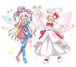 Rule 34 | 2girls, :d, ;d, american flag, american flag dress, american flag legwear, american flag shirt, bad id, bad twitter id, blonde hair, cheunes, clownpiece, collar, dress, closed eyes, fairy, fairy wings, frilled collar, frilled shirt collar, frills, hat, highres, jester cap, leggings, lily white, long hair, multiple girls, neck ruff, one eye closed, open mouth, outstretched arms, pantyhose, polka dot, print legwear, red ribbon, ribbon, sash, short dress, smile, socks, spread arms, star (symbol), touhou, very long hair, white dress, wings, yellow eyes