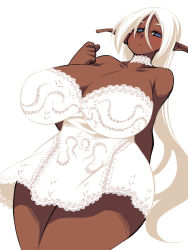 Rule 34 | 1girl, bare shoulders, blue eyes, breasts, choker, cleavage, curvy, dark-skinned female, dark elf, dark skin, elf, female focus, huge breasts, long hair, original, pointy ears, simple background, solo, standing, thighs, uccow, white background, white hair, wide hips