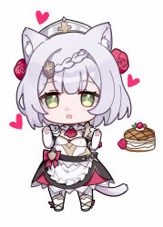 Rule 34 | 1248165736, 1girl, animal ears, animal hands, apron, ascot, blunt bangs, braid, braided bangs, cat ears, cat paws, cat tail, chibi, flower, food, full body, genshin impact, green eyes, grey hair, hair flower, hair ornament, heart, highres, looking at viewer, maid, maid apron, maid headdress, noelle (genshin impact), open mouth, red ascot, red flower, red rose, rose, short hair, solo, tail, white background