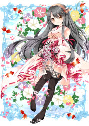 Rule 34 | 10s, 1girl, antennae, bare shoulders, black hair, black thighhighs, boots, bouquet, brown eyes, detached sleeves, fish, flower, framed, goldfish, hair ornament, haruna (kancolle), kantai collection, long hair, long sleeves, nanase nao, shirt, skirt, smile, solo, thigh boots, thighhighs, very long hair, wide sleeves, zettai ryouiki