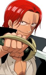 Rule 34 | 1boy, black coat, black eyes, closed mouth, coat, facial hair, highres, holding, holding sword, holding weapon, keppon, looking at viewer, male focus, one piece, open clothes, red hair, scar, scar across eye, scar on face, shanks (one piece), shirt, short hair, simple background, smile, solo, sword, weapon, white background, white shirt