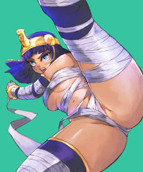 Rule 34 | 1girl, absurdres, alternate costume, armpits, artist request, ass, bandaged arm, bandaged leg, bandages, bare shoulders, blue eyes, blunt bangs, blush stickers, cameltoe, cosplay, curvy, dark-skinned female, dark skin, egyptian, green background, highres, huge ass, jumping, kicking, looking at viewer, menat, mummy, mummy (cosplay), mummy costume, naked bandage, official alternate costume, open mouth, partially visible vulva, purple hair, purple thighhighs, sarashi, shiny skin, simple background, solo, spread legs, street fighter, street fighter v, teeth, thighhighs, thighs, tiara, upper teeth only, wide hips