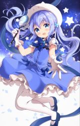 Rule 34 | 1girl, :d, amedamacon, blue bow, blue eyes, blue flower, blue footwear, blue hair, blue skirt, blue vest, blush, bow, brooch, character hat, commentary request, flower, frilled gloves, frilled skirt, frills, gloves, gochuumon wa usagi desu ka?, hair between eyes, hair flower, hair ornament, head tilt, highres, holding, holding spoon, jewelry, kafuu chino, long hair, looking at viewer, magical girl, open mouth, outstretched arm, pantyhose, puffy short sleeves, puffy sleeves, shirt, shoes, short sleeves, skirt, smile, solo, spoon, star (symbol), starry background, tippy (gochiusa), twintails, very long hair, vest, white gloves, white headwear, white pantyhose, white shirt