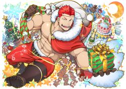 Rule 34 | bara, biceps, boots, cake, champagne bottle, christmas, christmas ornaments, christmas stocking, christmas tree, crescent moon, food, gift, gingerbread man, glass, gloves, hat, heterochromia, ikusaba daisuke, large pectorals, moon, naop (anything), official art, open mouth, pectorals, plate, pollux (housamo), red hair, sack, santa boots, santa costume, santa gloves, santa hat, smile, snowflakes, solo, sparkle, star (symbol), taurus mask, tokyo houkago summoners, toy, transparent background