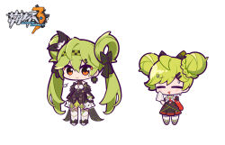 Rule 34 | 2girls, :&gt;, ai-chan (chrono navi) (honkai impact), ai-chan (honkai impact), black bow, black skirt, blush, bow, braid, chibi, closed eyes, closed mouth, commentary request, copyright name, double bun, elbow gloves, gloves, green hair, hair between eyes, hair bow, hair bun, hair ornament, hair rings, hairclip, honkai (series), honkai impact 3rd, meadow (morphinecaca), multiple girls, pleated skirt, red eyes, red gloves, shirt, shoes, simple background, single glove, skirt, sleeveless, sleeveless shirt, striped, striped bow, thighhighs, triangle mouth, twintails, watermark, white background, white footwear, white shirt, white thighhighs