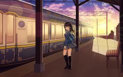 Rule 34 | 1girl, absurdres, bad id, bad pixiv id, bag, bench, biako, black socks, blazer, blue jacket, blue skirt, blush, brown footwear, brown hair, closed mouth, cloud, cloudy sky, commentary request, evening, gradient sky, green eyes, grey skirt, highres, jacket, kneehighs, loafers, long hair, looking at viewer, looking back, original, outdoors, pleated skirt, revision, scenery, school bag, school uniform, shoe soles, shoes, skirt, sky, smile, socks, solo, standing, standing on one leg, sun, sunlight, sunset, thighs, train, train station, yellow sky