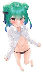 Rule 34 | 1girl, bare legs, barefoot, blush, breasts, collarbone, earrings, fingernails, full body, green hair, hair between eyes, hair ribbon, highres, hololive, jewelry, k mugura, long sleeves, midriff, navel, open clothes, open shirt, panties, red eyes, ribbon, shirt, short hair, simple background, small breasts, smile, solo, standing, teeth, toenails, underwear, uruha rushia, virtual youtuber, white background