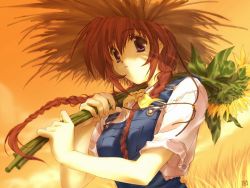 Rule 34 | 00s, 1girl, bow, braid, comic party, flower, hat, long hair, mitsumi misato, overalls, purple eyes, red hair, solo, straw hat, sunflower, takase mizuki, twin braids, yellow bow