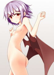 Rule 34 | 1girl, ass, bat wings, breasts, cowboy shot, gradient background, grey background, hands up, light purple hair, looking at viewer, nipples, nude, pspmaru, red eyes, remilia scarlet, small breasts, solo, touhou, twisted torso, wings