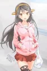 Rule 34 | 10s, 1girl, bag, black hair, brown eyes, casual, coz (commit), dated, gradient background, hairband, hands in pockets, haruna (kancolle), hood, hoodie, kantai collection, long hair, looking at viewer, open mouth, plastic bag, shopping bag, skirt, smile, solo, sweater, thighhighs, zettai ryouiki