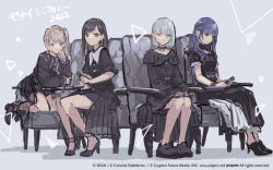 Rule 34 | 4girls, black hair, brown hair, chair, character request, colorful palette, copyright name, copyright request, crypton future media, grey hair, hands on lap, high heels, kneeling, leather chair, microphone, multiple girls, piapro, purple hair, sega, simple background, sitting, sketch, skirt