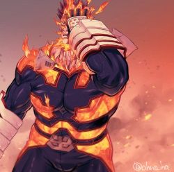 Rule 34 | 1boy, armor, bara, beard, blood, blood on face, blue bodysuit, blue eyes, bodysuit, boku no hero academia, bulge, covered abs, cowboy shot, endeavor (boku no hero academia), facial hair, fiery hair, fire, hand on own face, large pectorals, looking to the side, male focus, mature male, muscular, muscular male, ono (ohno ha), pauldrons, pectorals, red hair, scar, scar across eye, scar on face, short hair, shoulder armor, sideburns, solo, spiked hair, thick thighs, thighs