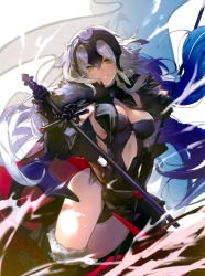 Rule 34 | 1girl, absurdres, breasts, cape, center opening, cleavage, cropped, elbow gloves, fate/grand order, fate (series), flag, fur trim, gauntlets, gloves, grin, head tilt, headpiece, highleg, highleg leotard, highres, hougu souji, jeanne d&#039;arc (fate), jeanne d&#039;arc alter (avenger) (fate), jeanne d&#039;arc alter (avenger) (third ascension) (fate), jeanne d&#039;arc alter (fate), large breasts, leotard, long hair, looking at viewer, medium hair, scan, silver hair, smile, solo, sword, thighhighs, very long hair, weapon, wind, wind lift, yellow eyes