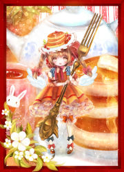Rule 34 | 1girl, blush, border, bow, braid, brown eyes, brown footwear, brown hair, butter, cup, dress, flower, food, food-themed clothes, fork, frilled dress, frills, full body, hair bow, hat, highres, himemurasaki, holding, holding fork, honey, liquid, looking at viewer, mary janes, mini person, minigirl, morinaga (brand), open mouth, orange dress, original, pancake, pancake stack, pantyhose, personification, petticoat, rabbit, red border, round teeth, shoes, solo, sparkle, standing, striped background, striped clothes, striped pantyhose, tea, teapot, teeth, twin braids, two-handed, vertical-striped clothes, vertical-striped pantyhose, white pantyhose, wings