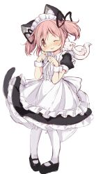 Rule 34 | 1girl, absurdres, animal ears, black footwear, cat ears, cat tail, commentary, full body, highres, hitode, kaname madoka, kyubey, looking at viewer, mahou shoujo madoka magica, maid, maid headdress, one eye closed, pigeon-toed, pink eyes, pink hair, short hair, short sleeves, short twintails, simple background, tail, twintails, white background, wrist cuffs
