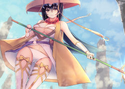 Rule 34 | 1girl, belt, black hair, borushichi, bottle, breasts, cleavage, cloud, cloudy sky, column, day, dutch angle, earrings, fate (series), holding, jewelry, long hair, looking at viewer, micro bra, midriff peek, necklace, outdoors, panties, pillar, red eyes, sake bottle, sky, sleeveless, solo, staff, standing, thighhighs, underwear, vest, white panties, white thighhighs, wristband, xuangzang sanzang (fate)